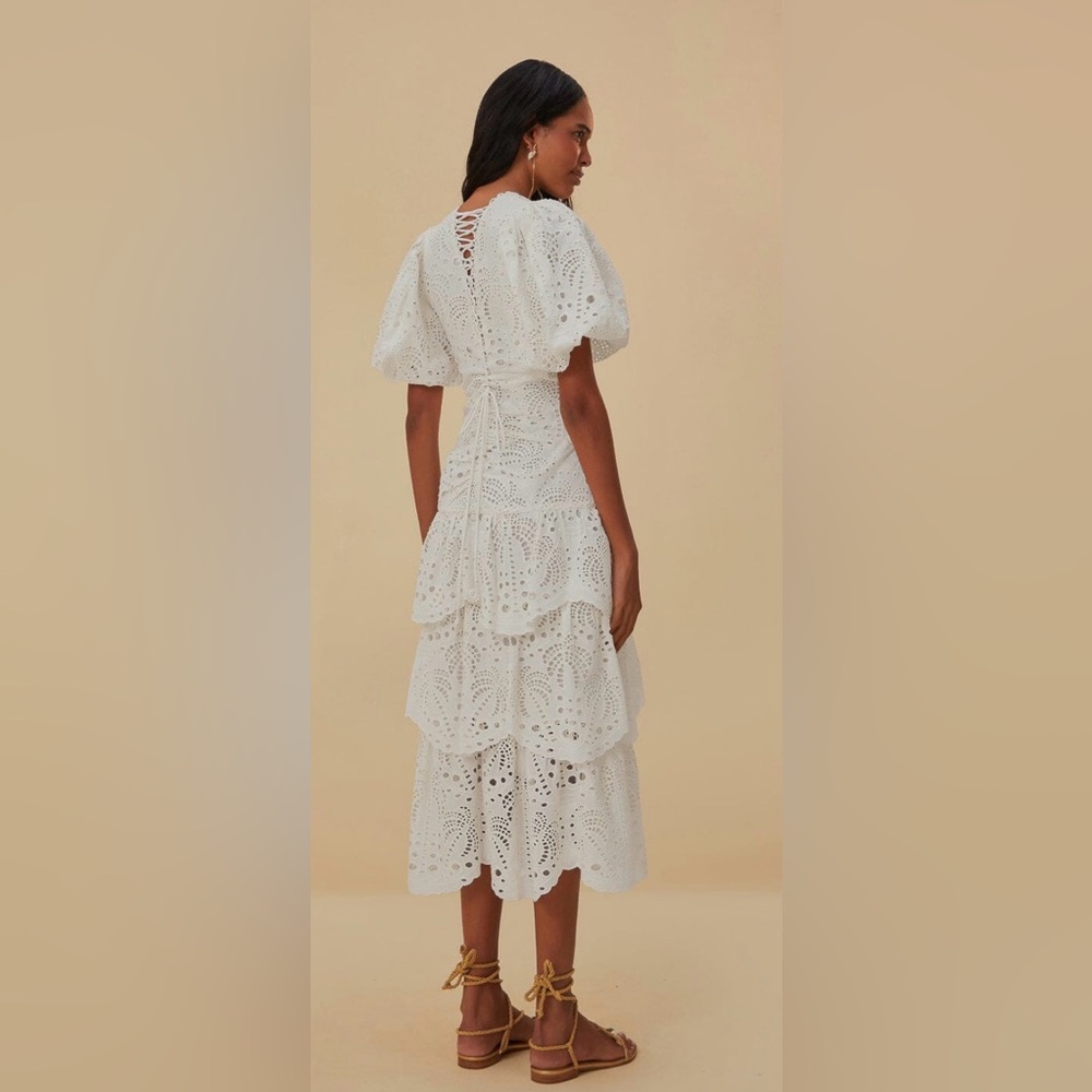 NEW FARM Rio White Eyelet Tiered Puff Sleeve Midi Dress‎ Size XS - Picture 4 of 17